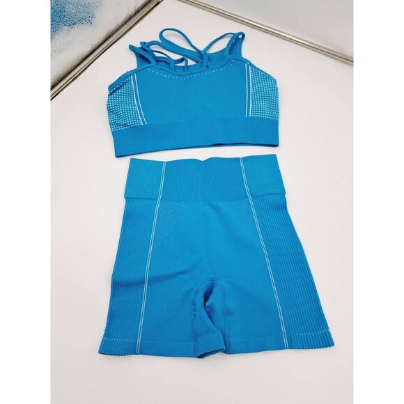 Summer Seamless Yoga Set Women 2 Pieces Blue Crop top Sport Bra Tank Shorts Spor - Picture 2 of 5